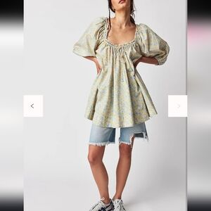 For Love and Lemons Merian Tunic Dress Micro Floral Puff Sleeve Relaxed Fit S